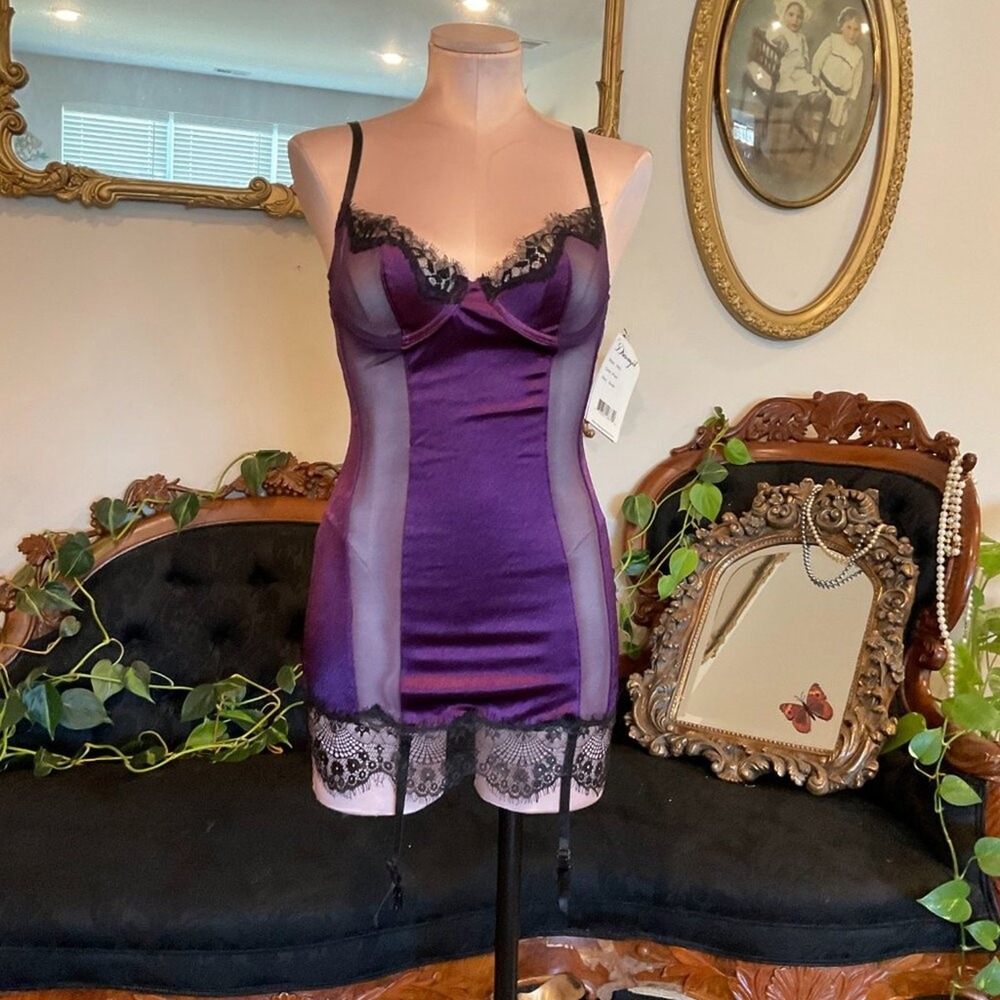 Dreamgirl Women's Silken Soiree Garter Slip Dress Size S Purple/Black